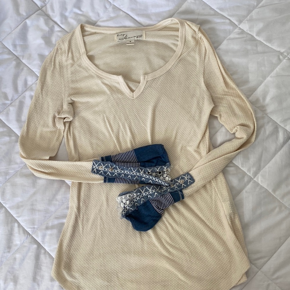 Vintage Havana cream Henley with sleeve detailing, medium.